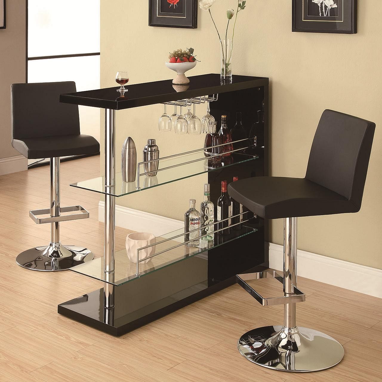 Tango Bar Unit with 2 Shelves and Wine Holder, BLACK