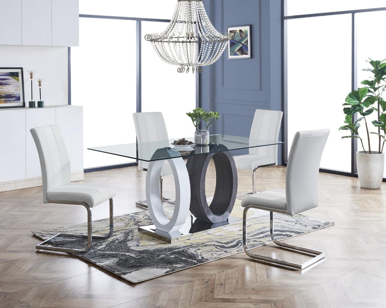 Grey Drift Wood 5pc Dining Set with Spring White Dining Chair
