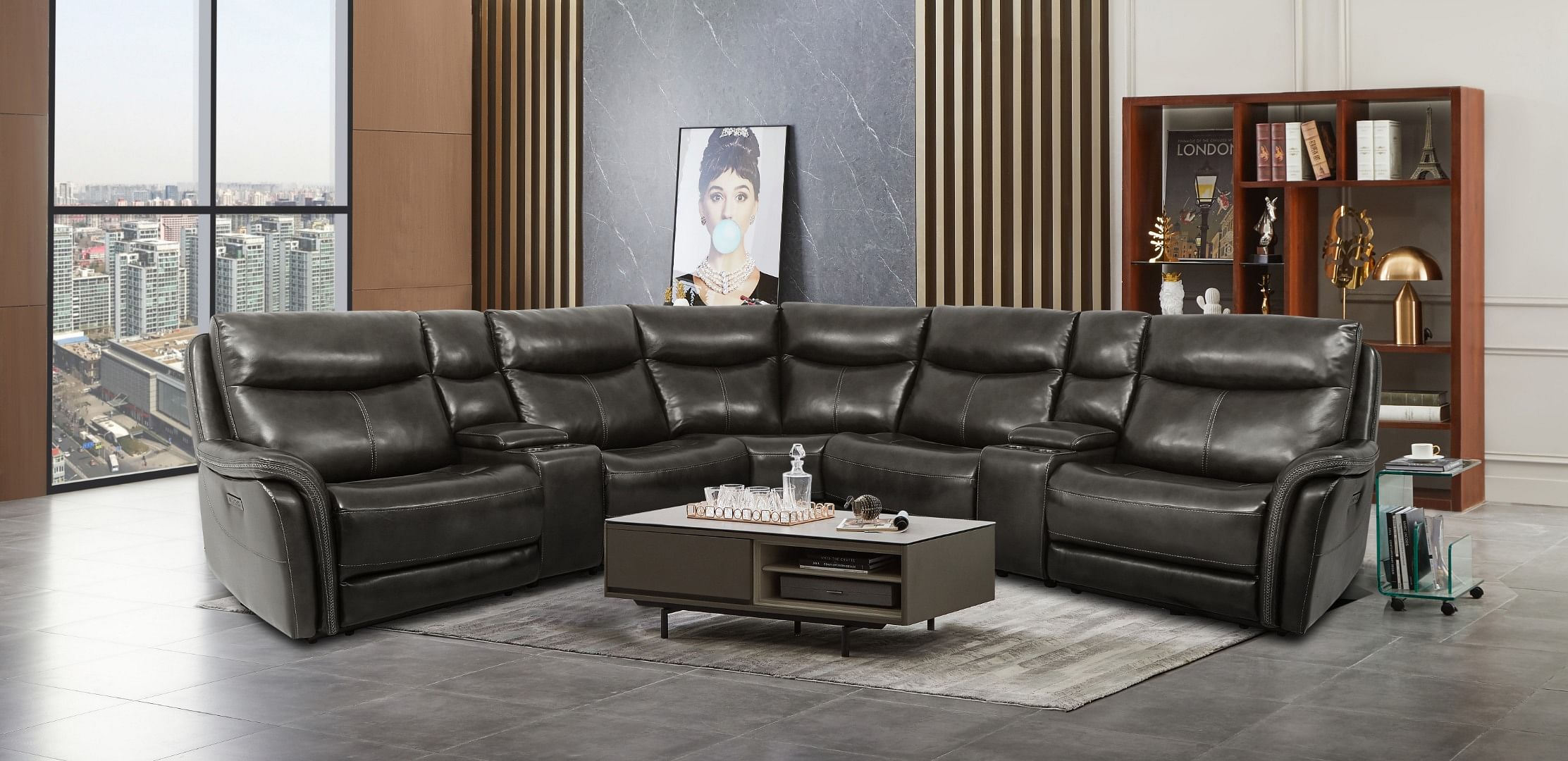 London 7pc Leather Reclining Sectional with 3 Power Recliners