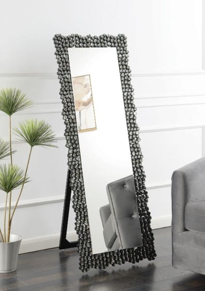 Troy Textural Frame Cheval Floor Mirror In Silver And Smoky Grey Color