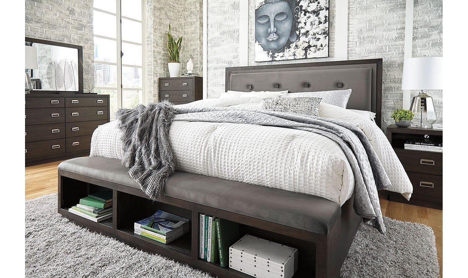 Hyndell Dark Brown King Upholstered Panel Bed with Storage