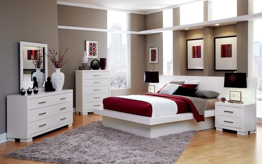 Jessica Platform King Bedroom Set in White Finish - Queen Bed and Dresser, Mirror