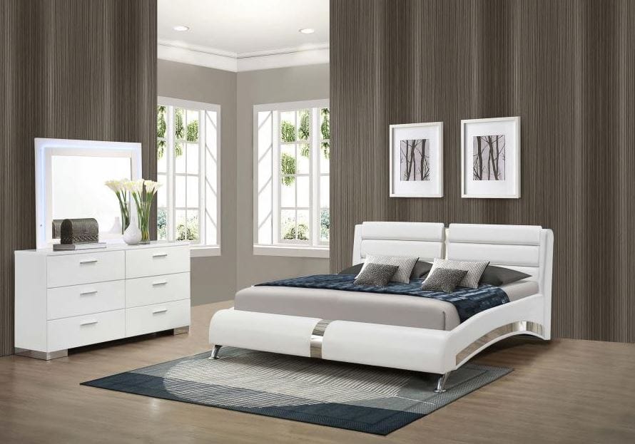 Jereme Bedroom Set with Plank Headboard Glossy White - Queen Bed and Dresser, Mirror