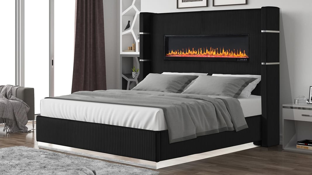 Lizelle King Bed with Fireplace in Black Color