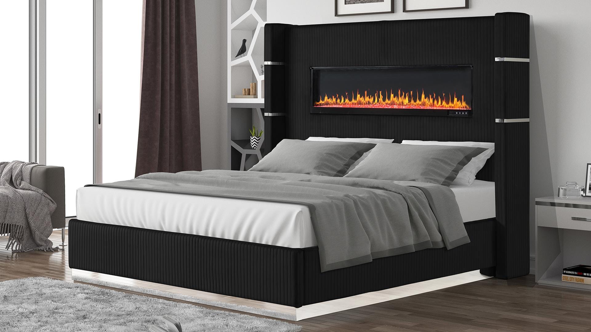 Bedroom Beds Lizelle Queen Bed with Fireplace in Black Color at iStyle ...