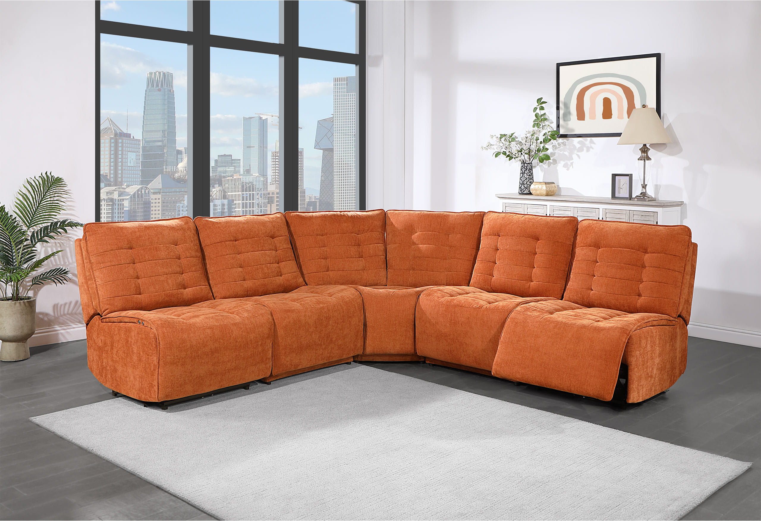 Rusty Power Reclining Sectional in Orange Velvet