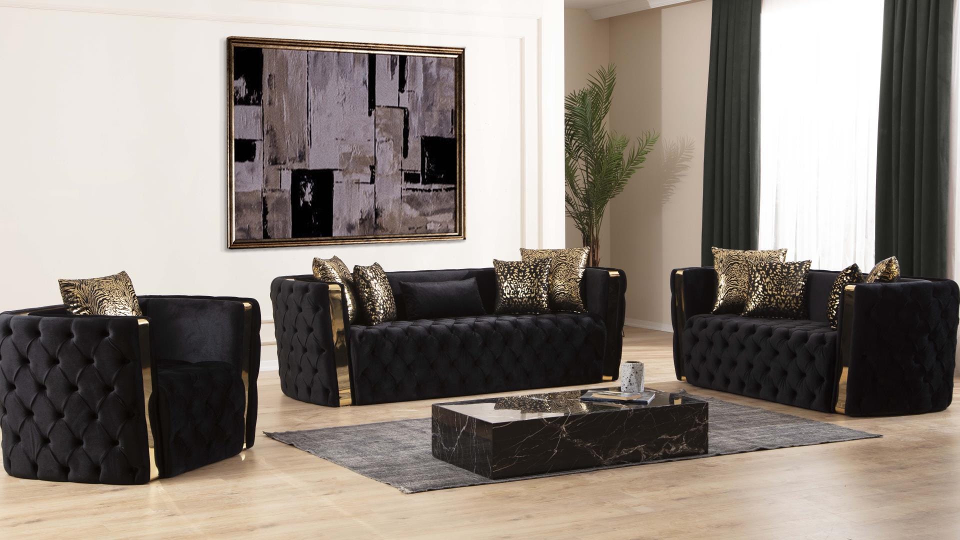 Naomi Tufted 3 PC Set in Black Velvet