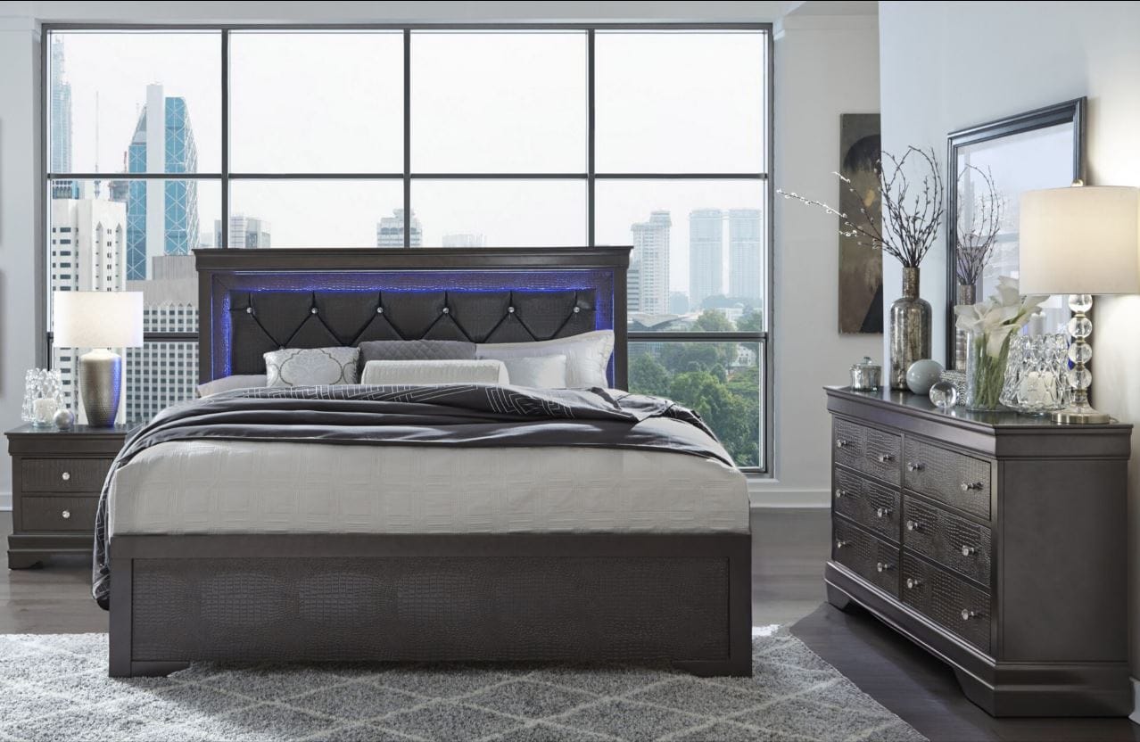 POMPEI METALLIC GREY QUEEN BED GROUP WITH LED