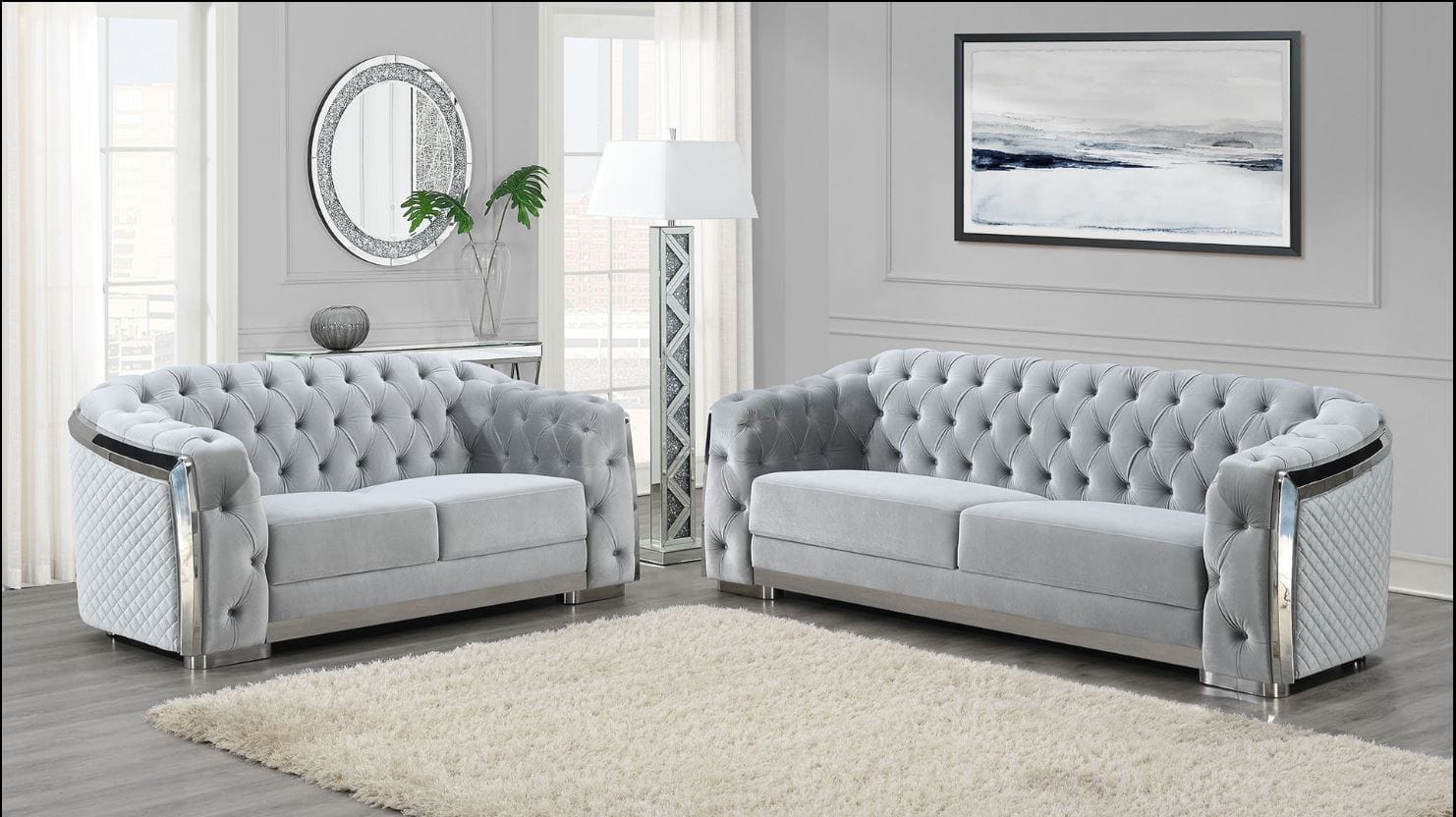 SILVER VELVET SOFA/LOVESEAT SET