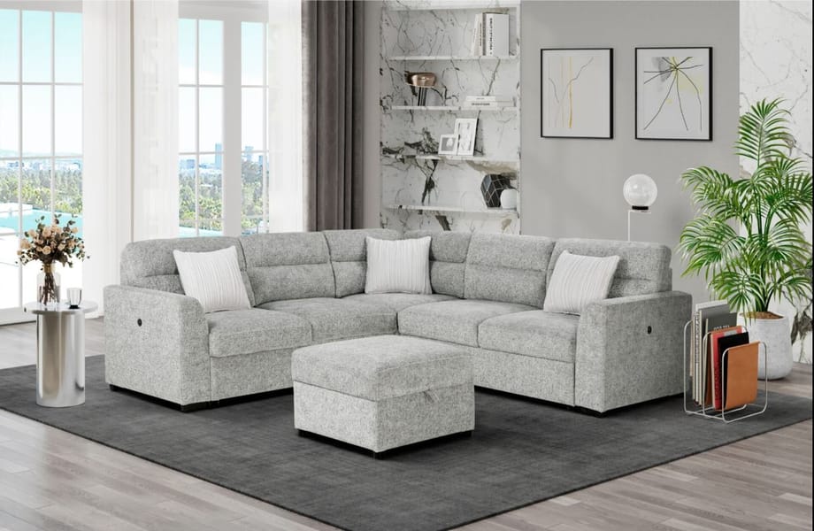 SILVER SECTIONAL WITH 3 PILLOWS AND OTTOMAN