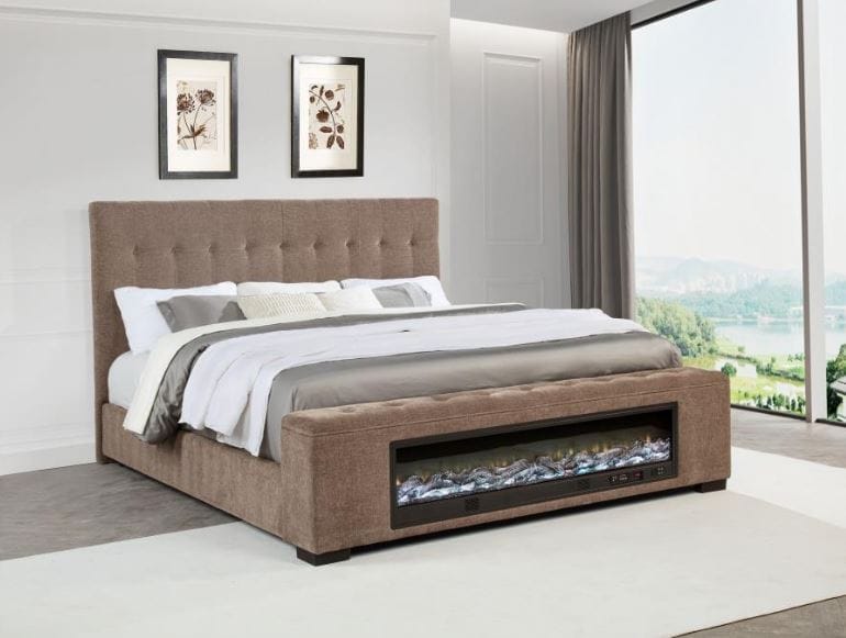 Senna Upholstered Eastern King Audio Fireplace Bed Brown