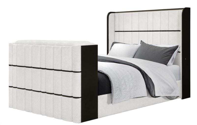 ISABELLA WHITE/BLACK QUEEN BED WITH LED, TV LIFT, BLUETOOTH SPEAKER AND FIRPEPLACE CRYSTAL