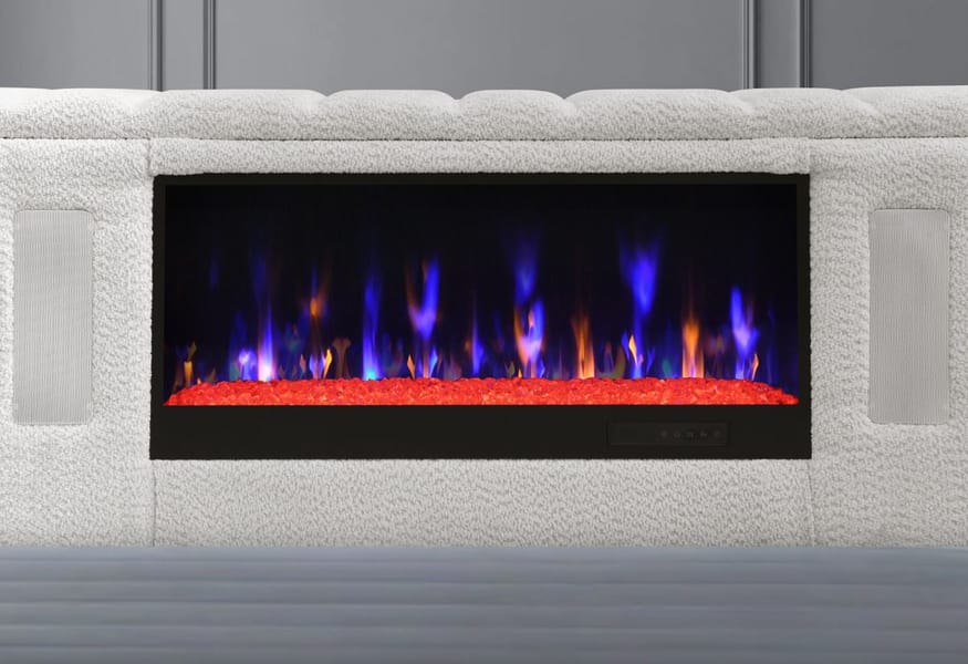 ISABELLA WHITE/BLACK QUEEN BED WITH LED, TV LIFT, BLUETOOTH SPEAKER AND FIRPEPLACE CRYSTAL
