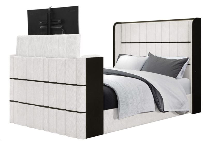 ISABELLA WHITE/BLACK QUEEN BED WITH LED, TV LIFT, BLUETOOTH SPEAKER AND FIRPEPLACE CRYSTAL