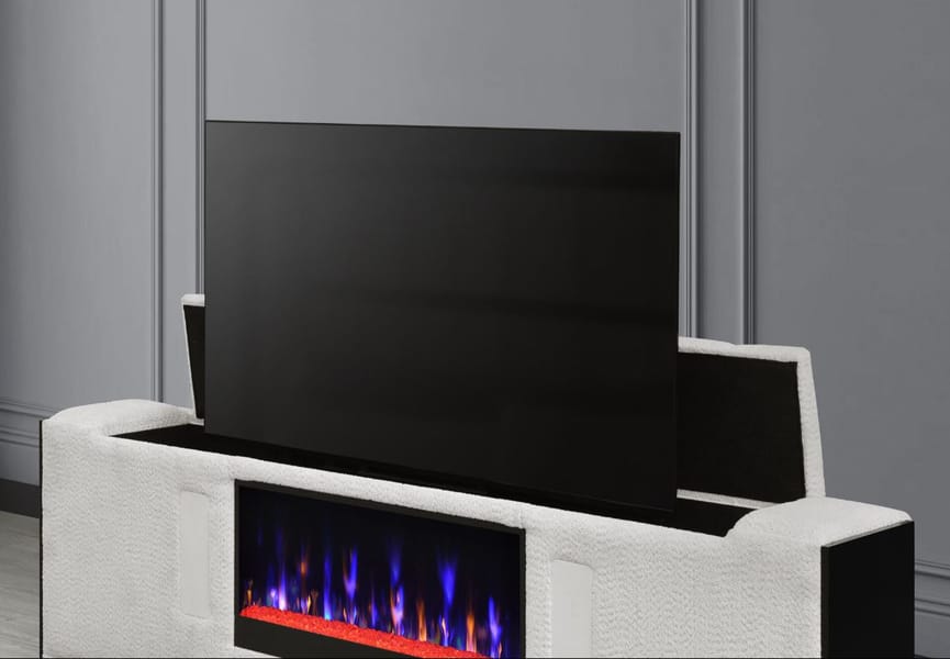 ISABELLA WHITE/BLACK QUEEN BED WITH LED, TV LIFT, BLUETOOTH SPEAKER AND FIRPEPLACE CRYSTAL