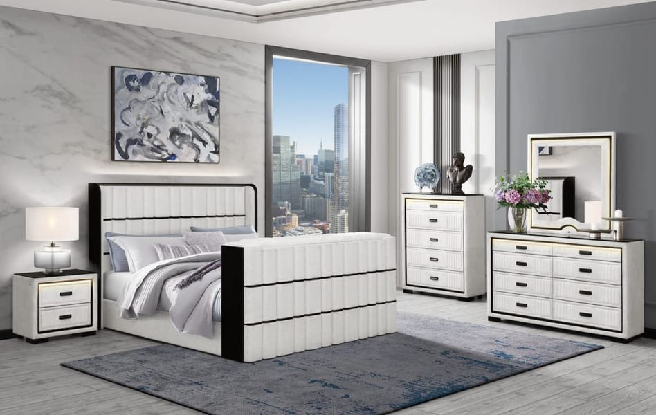 ISABELLA WHITE/BLACK QUEEN BED WITH LED, TV LIFT, BLUETOOTH SPEAKER AND FIRPEPLACE CRYSTAL