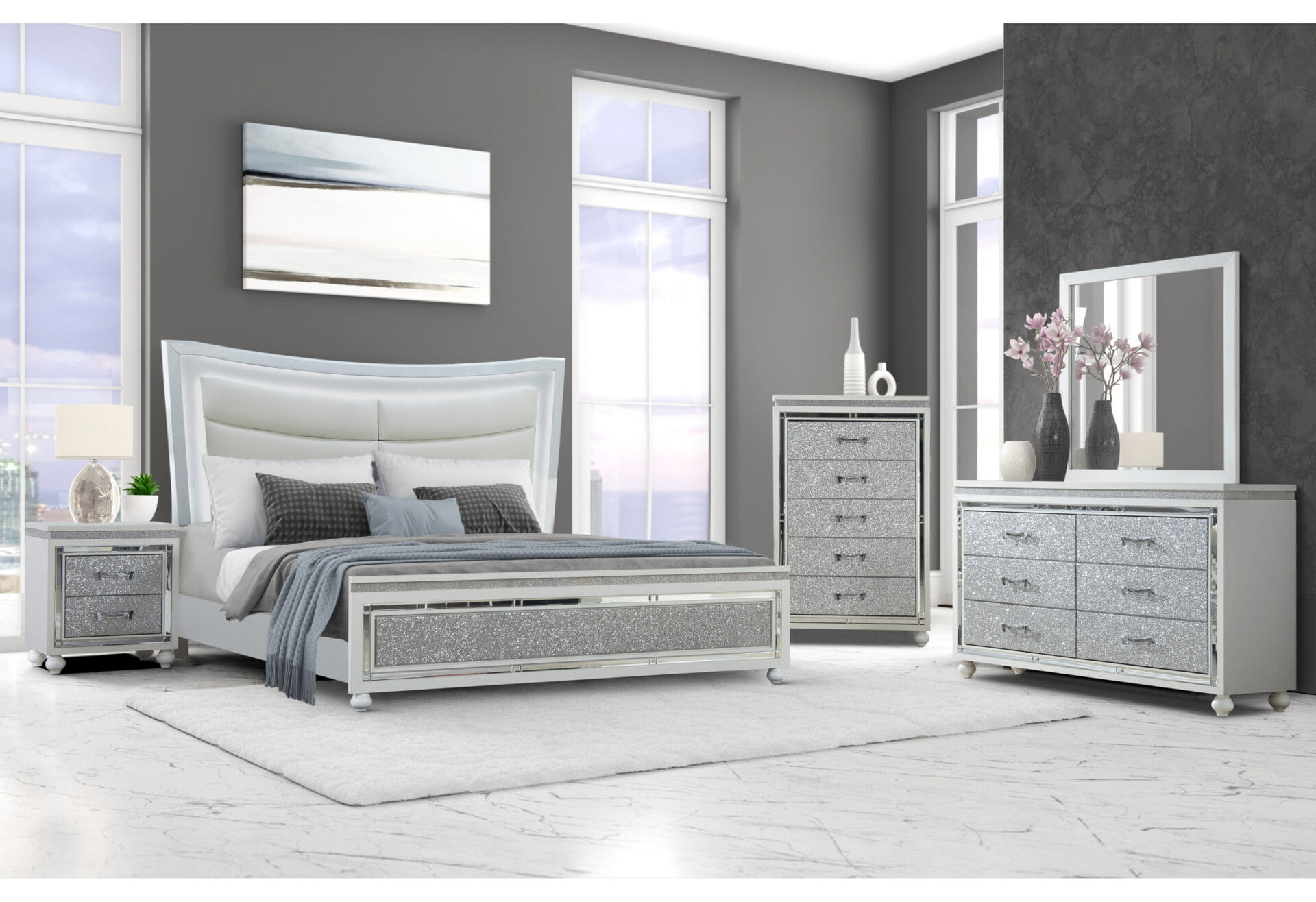 CLARISSE WHITE QUEEN BED GROUP - BED, DRESSER, MIRROR, NIGHT STAND