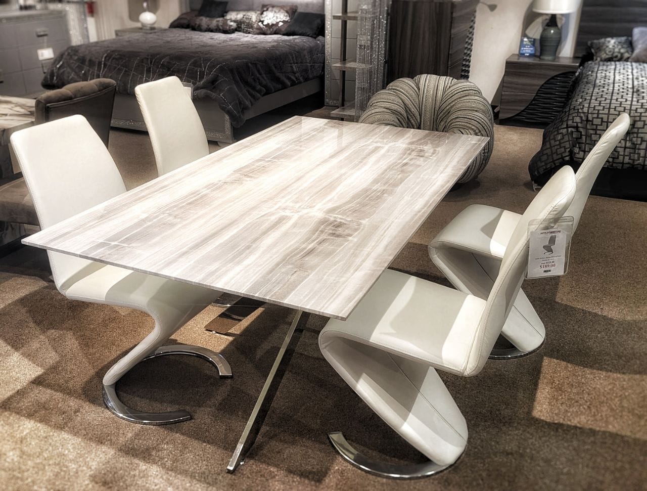 MODERN 5PC DINING SET / MARBLE GLASS TABLE + 4 CHAIRS IN WHITE