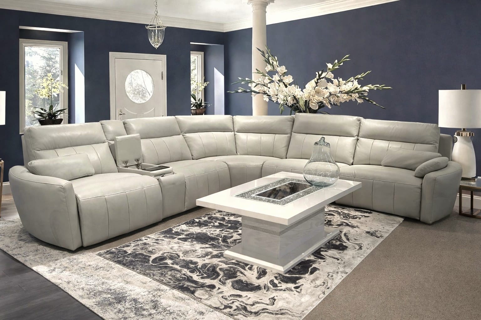 BOSTON LIGHT GREY LEATHER POWER RECLINING SECTIONA...