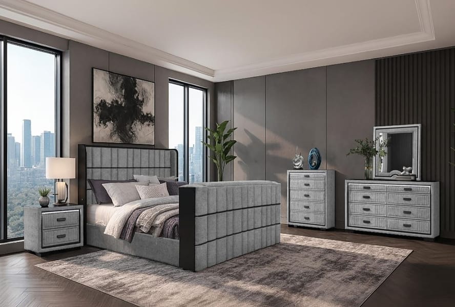 ISABELLA GREY QUEEN BED W/LED, TV LIFT, SPEAKER AND FIREPLACE