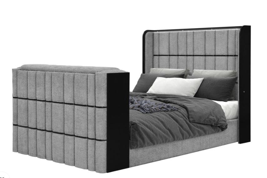 ISABELLA GREY QUEEN BED W/LED, TV LIFT, SPEAKER AND FIREPLACE