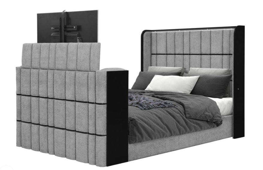 ISABELLA GREY QUEEN BED W/LED, TV LIFT, SPEAKER AND FIREPLACE