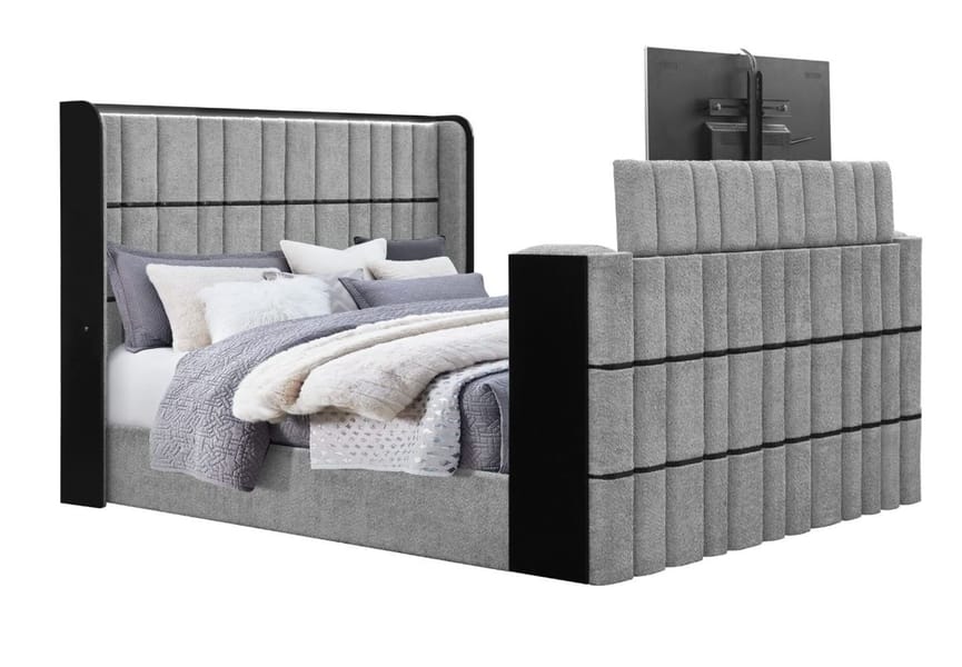 ISABELLA GREY QUEEN BED W/LED, TV LIFT, SPEAKER AND FIREPLACE