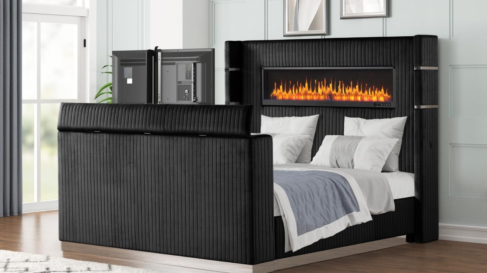 LAVISH BLACK QUEEN UPHOLSTERED BED