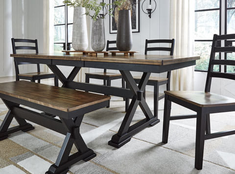 WILLOW DINING TABLE, 4 CHAIRS AND BENCH