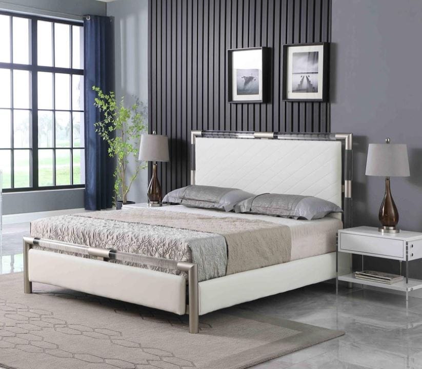 BARCELONA DIAMOND STITCHED UPHOLSTERED QUEEN BED WITH SOLID ACRYLIC AND BRUSHED NICKEL FRAME