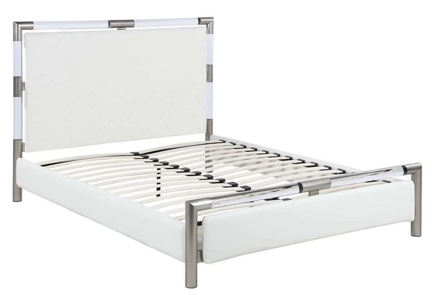 BARCELONA DIAMOND STITCHED UPHOLSTERED QUEEN BED WITH SOLID ACRYLIC AND BRUSHED NICKEL FRAME