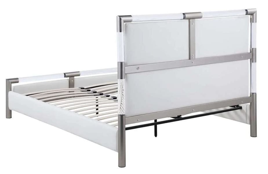 BARCELONA DIAMOND STITCHED UPHOLSTERED QUEEN BED WITH SOLID ACRYLIC AND BRUSHED NICKEL FRAME
