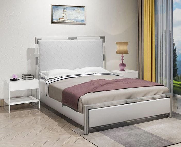 BARCELONA DIAMOND STITCHED UPHOLSTERED QUEEN BED WITH SOLID ACRYLIC AND BRUSHED NICKEL FRAME