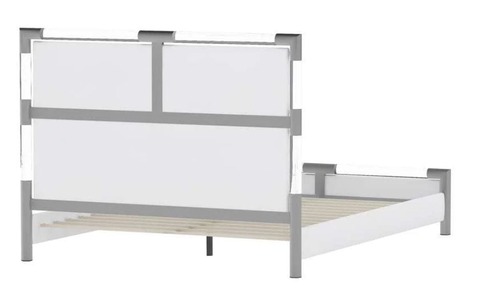 BARCELONA DIAMOND STITCHED UPHOLSTERED QUEEN BED WITH SOLID ACRYLIC AND BRUSHED NICKEL FRAME