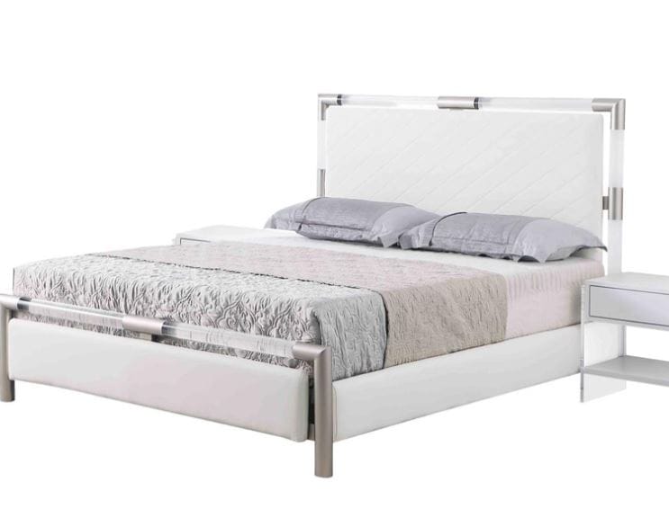 BARCELONA DIAMOND STITCHED UPHOLSTERED QUEEN BED WITH SOLID ACRYLIC AND BRUSHED NICKEL FRAME