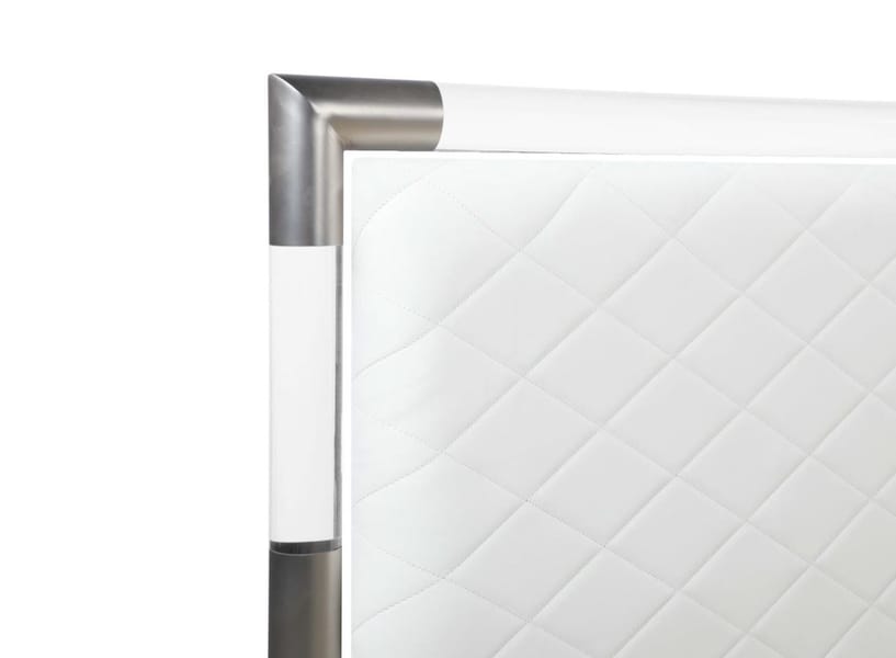 BARCELONA DIAMOND STITCHED UPHOLSTERED QUEEN BED WITH SOLID ACRYLIC AND BRUSHED NICKEL FRAME