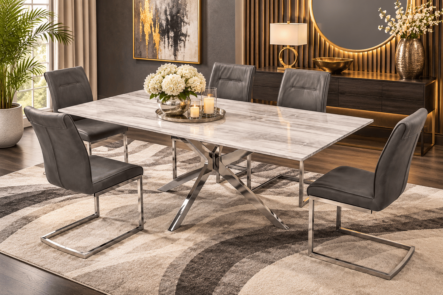 ALDO MARBLE GLASS DINING TABLE WITH 4 KALINDA CHAIRS – GRAYISH BROWN