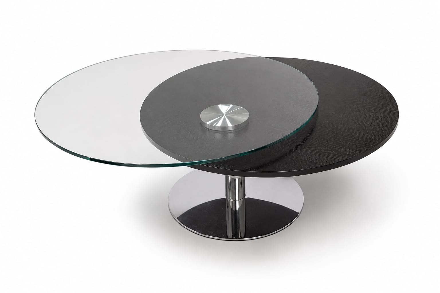 MOTION ROUND COFFIE TABLE IN GLASS AND WOOD