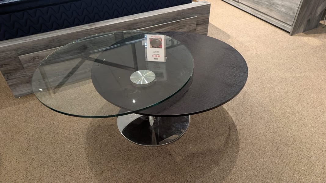 MOTION ROUND COFFIE TABLE IN GLASS AND WOOD