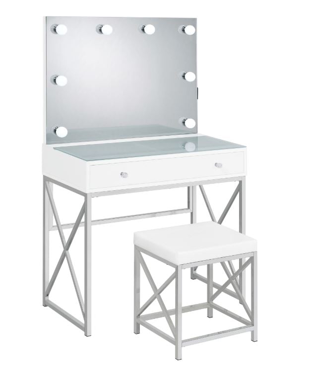 ELINA VANITY SET WITH LIGHTING & STOOL – WHITE AND CHROME
