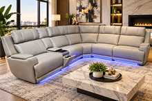IMMERSIVE SOUND SECTIONAL IN GRAY LEATHER - 6PC , 3 POWER RECLINERS WITH POWER HEADRESTS , REFRIGERATOR, MULTICOLOR LIGHTS , DROP DOWN TABLE, WITRELESS CHARGING, USB PORTS