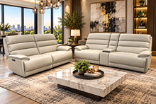 BIG AND TALL SOFA AND LOVESEAT IN GRAY LEATHER - POWER RECLINING AND POWER HEADRESTS , SPEAKER CONSOLE WITH WIRELESS CHARGING