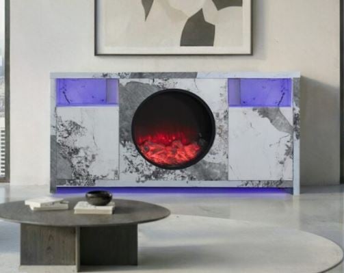 ALORA 70" MARBLE-LOOK FIREPLACE TV STAND WITH BLUETOOTH SPEAKERS & LED LIGHTING