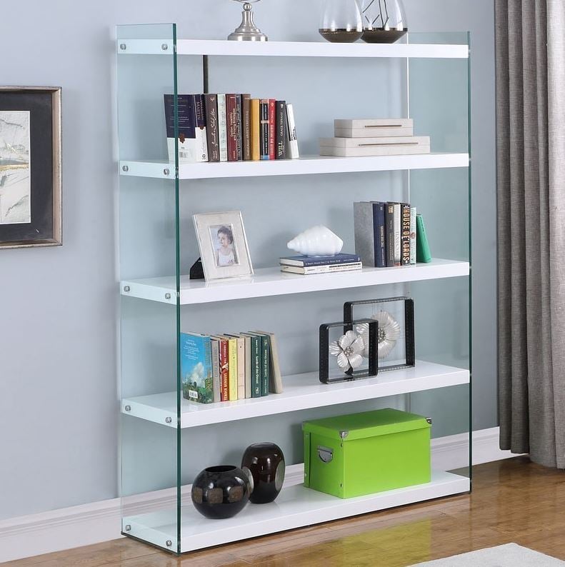 MODERN GLOSS WHITE BOOKCASE WITH TEMPERED GLASS SIDES
