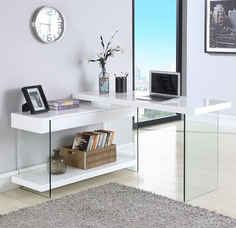 MODERN ROTATING WHITE GLOSS DESK WITH GLASS SIDES