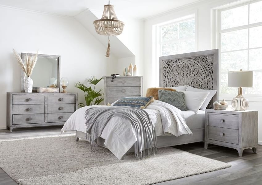 Modus Bedroom Boho Chic Carved Platform Bed In Washed White 1JQ9H6