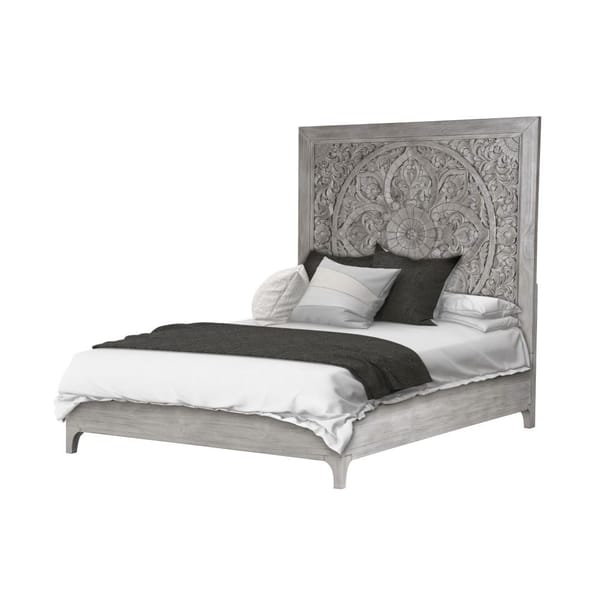 Modus Bedroom Boho Chic Carved Platform Bed In Washed White 1JQ9H6