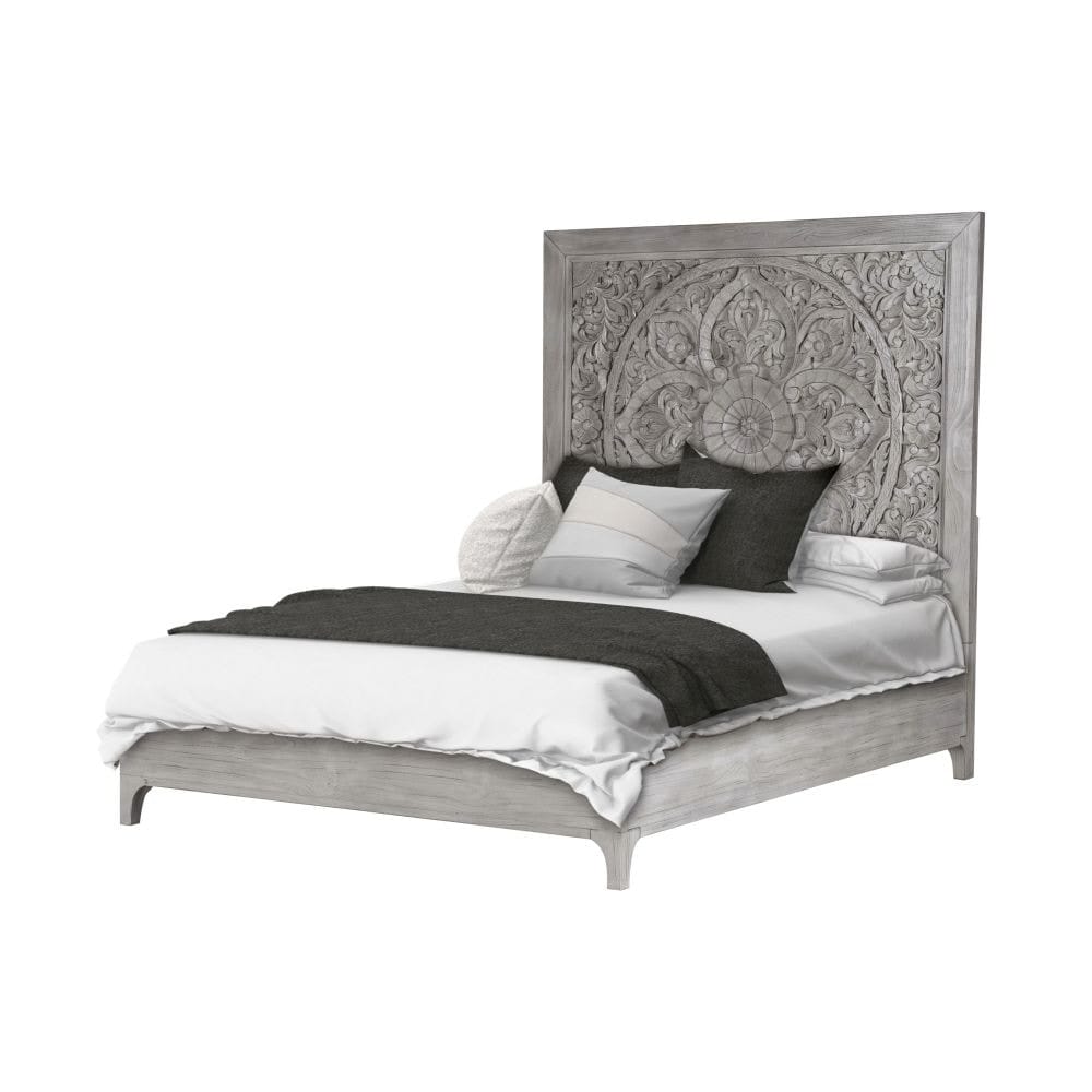 Modus Bedroom Boho Chic Carved Platform Bed In Washed White 1JQ9H6