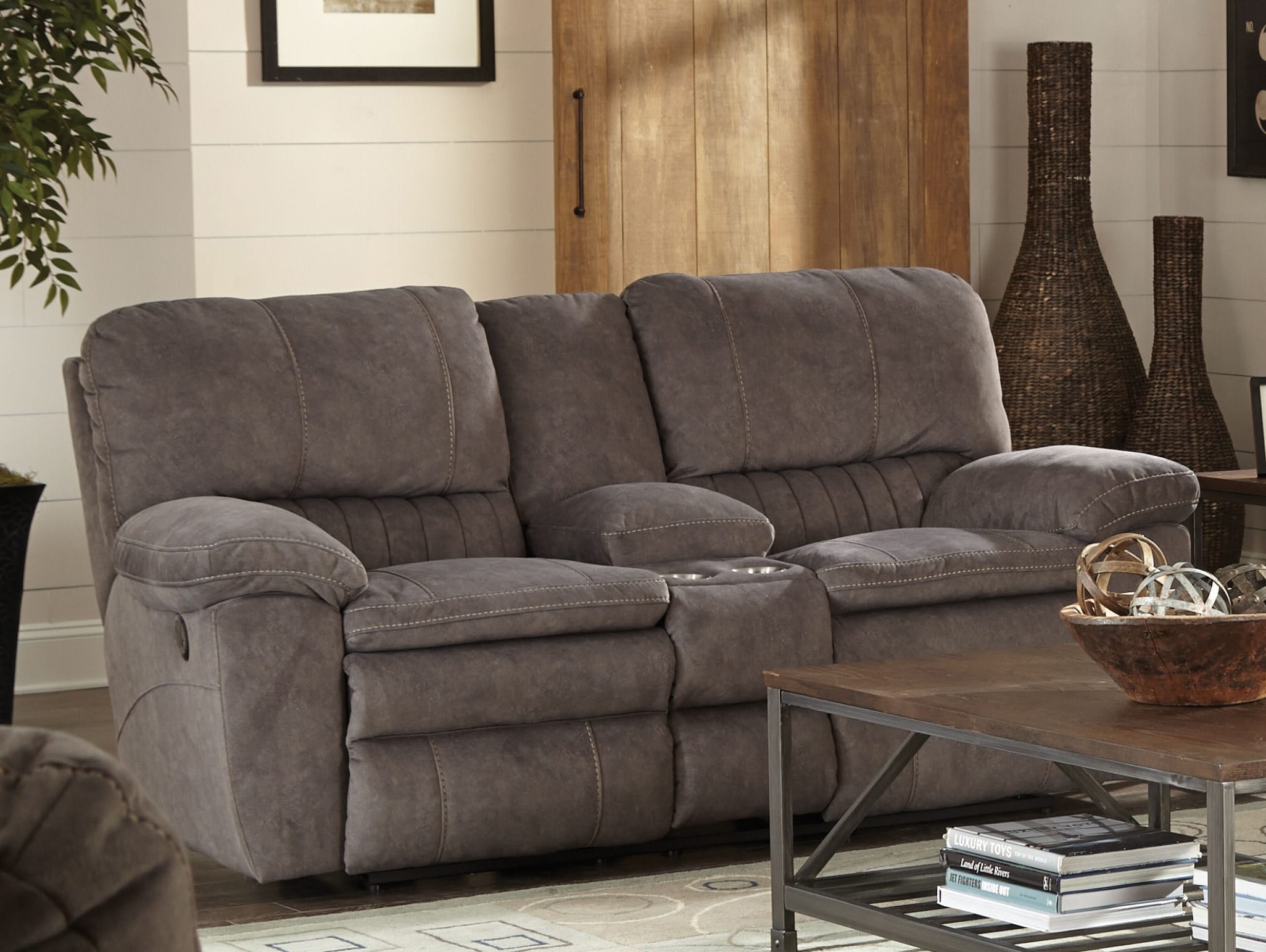 Catnapper Furniture Living Room Lay Flat Reclining Console Loveseat with Storage and Cupholders 2409-Graphite