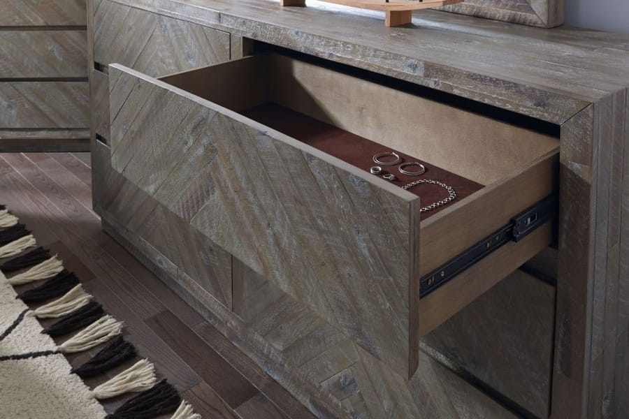 Modus Bedroom Herringbone Solid Wood Six Drawer Dresser In Rustic Latte 5QS382